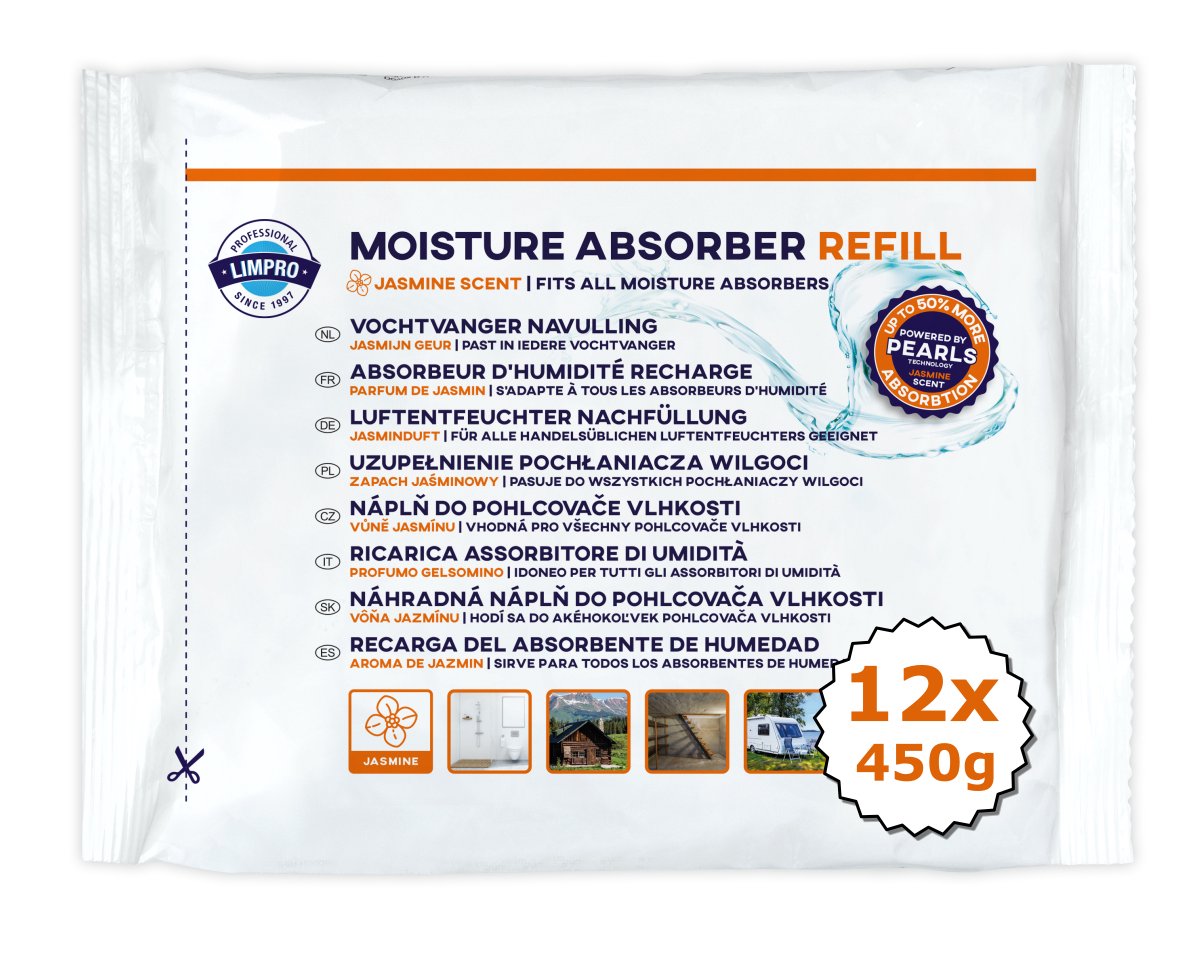 Limpro Vochtvanger navulling - 12 stuks - 450 gram - jasmijn - Pearls - neemt tot 50% meer vocht op