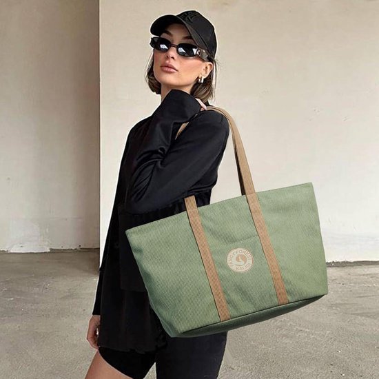 Grand sac fourre-tout en velours côtelé pour femme – Couleur contrastée – Sacs à bandoulière Hobos – Compartiments – Sacs pour femme – Sac à main – École Travail Université – Sac fourre-tout de voyage avec fermeture éclair