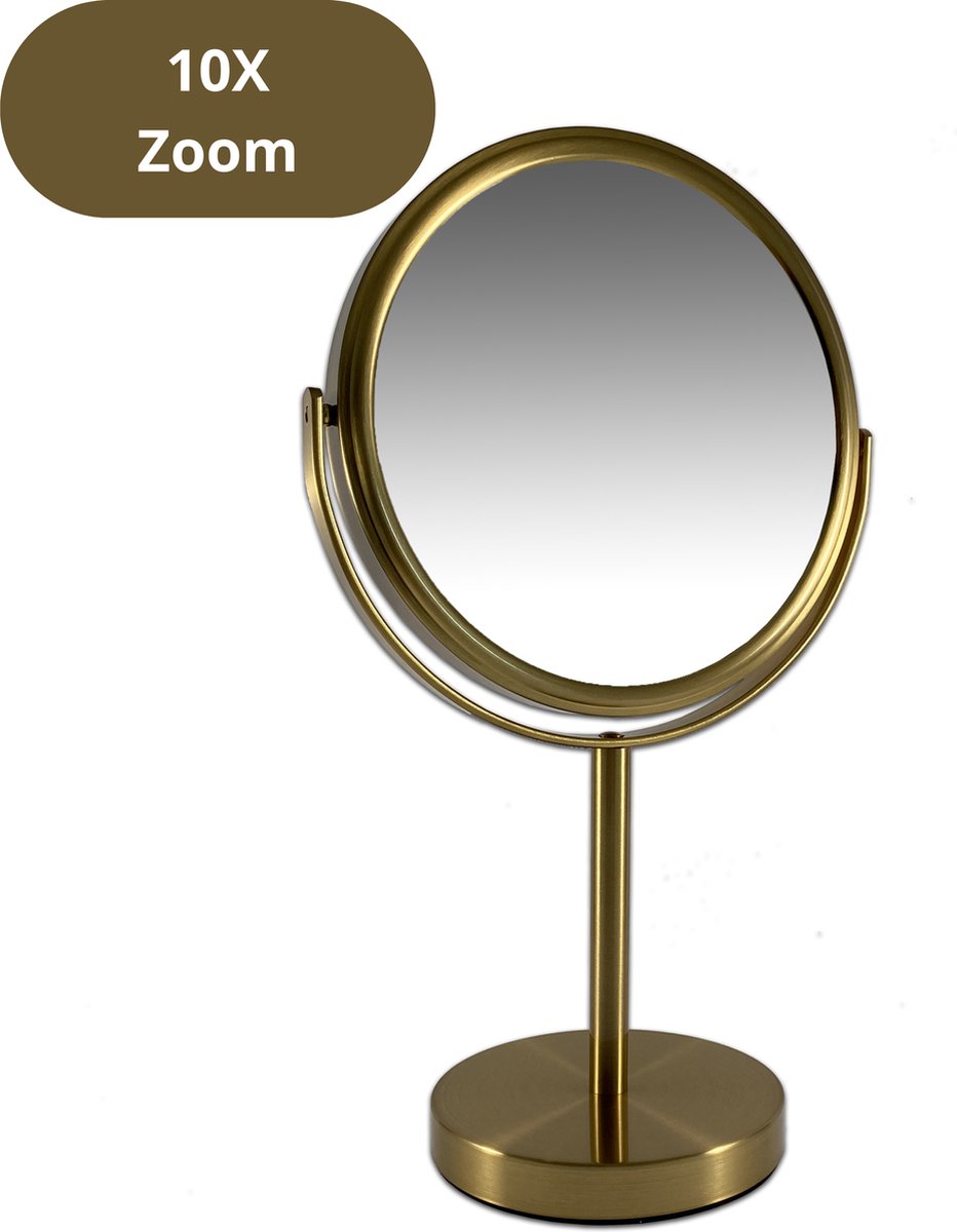 Metalen make up spiegel mat Goud -stand spiegel 10x vergroting - Ø18cm - scheerspiegel - cosmeticaspiegel - schoonheidsspiegel - badkamer spiegel - makeup - make up