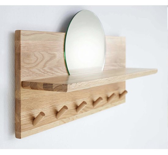 Wandkapstok van massief eikenhout met plank, zes haken en een geïntegreerde ronde spiegel.