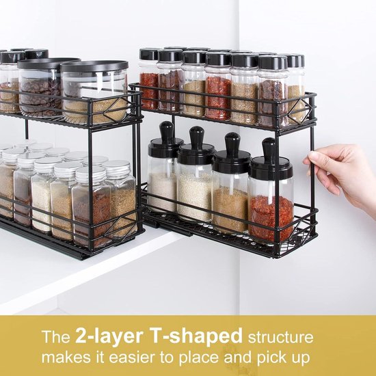 RESOYE Verticale kruidenhouder met 2 niveaus, smal kruidenrek, eenvoudig te installeren, uittrekbare kruidenrek organizer voor kast, uitschuifbare kruidenrek, zwart, 26,4 x 11,2 x 22,5 cm