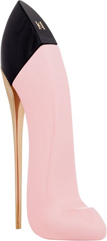 Roze pumpvormige parfumfles met zwarte hak en gouden details.