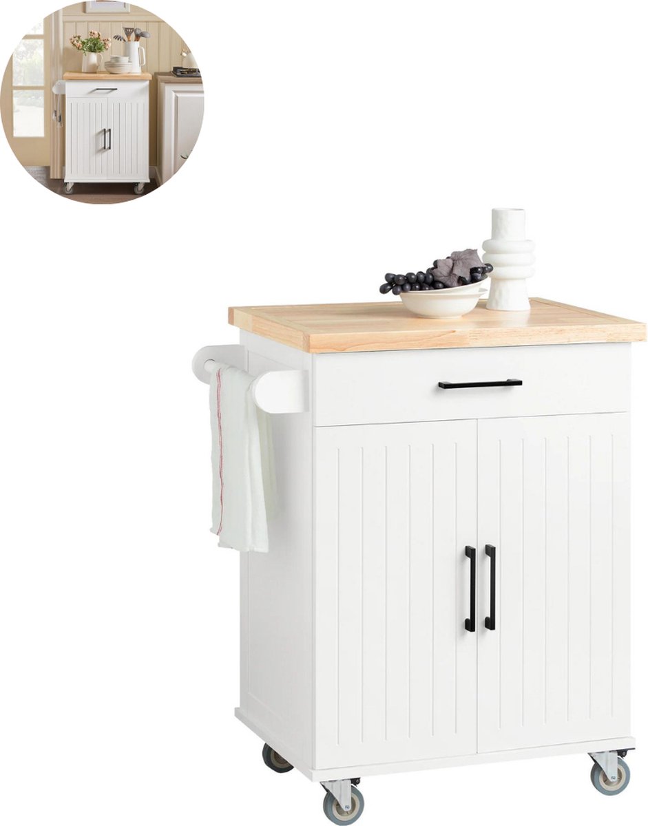 Bol.com Keukeneiland - Verplaatsbaar - Keukenkast - Dressoir - Organizer - Kasten - Houten Werkblad - 2 Deuren - Wit aanbieding