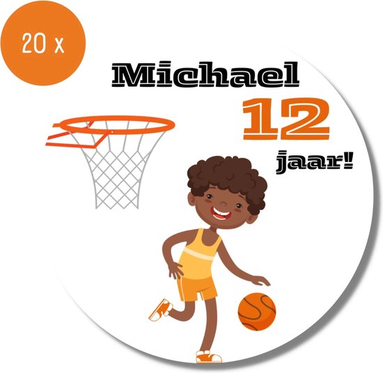 20 stickers met een jongen in oranje sportkleding met basketbal bij basket, Michael 12 jaar!
