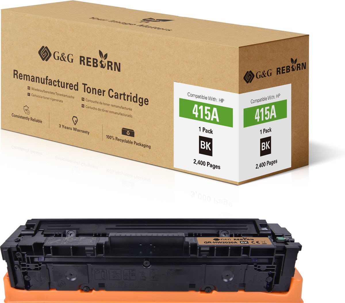 G&G REBORN 415A gereviseerde Tonercartridge Geschikt voor HP 415A 415X W2030A W2030X zwart