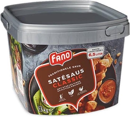 Fano satésaus classic in een 2,5 kg emmer met de tekst 'Traditionele saus'.