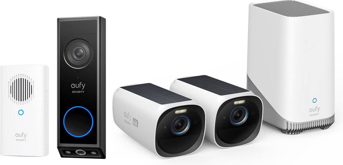 eufy Security - eufyCam 3 Set met 2 camera's met zonnepaneel + eufy E340 2K Draadloze Video Deurbel Inclusief Chime - Accu - Zwart