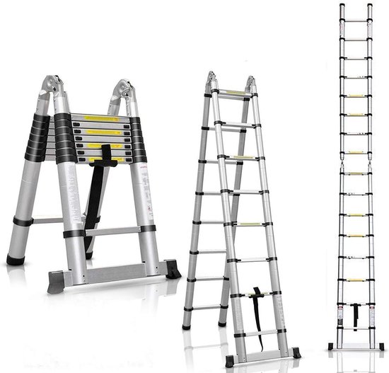 Grijze aluminium telescopische ladder, uitgevouwen tot een rechte ladder en een A-frame ladder, en ingeklapt. Drie afbeeldingen tonen de ladder in verschillende configuraties.