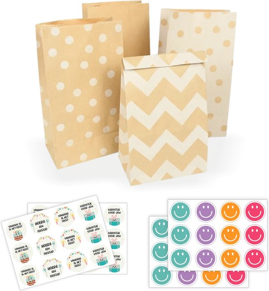 24 stuks Papieren Zakjes Cadeauzakjes met 48 stickers - 13x23cm Bruin Kraftpapieren Uitdeelzakjes Kinderfeestje met Bijgeleverde Sluitstickers