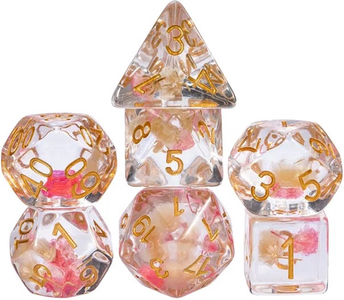 Lapi Toys - Dungeons and Dragons dobbelstenen - DnD Dice - Polydice - Dobbelstenen Dungeons Dragons - D&D dobbelstenen - DnD Dice Set - 1 set (7 stuks) - Met bloemen - Resin - Transparant