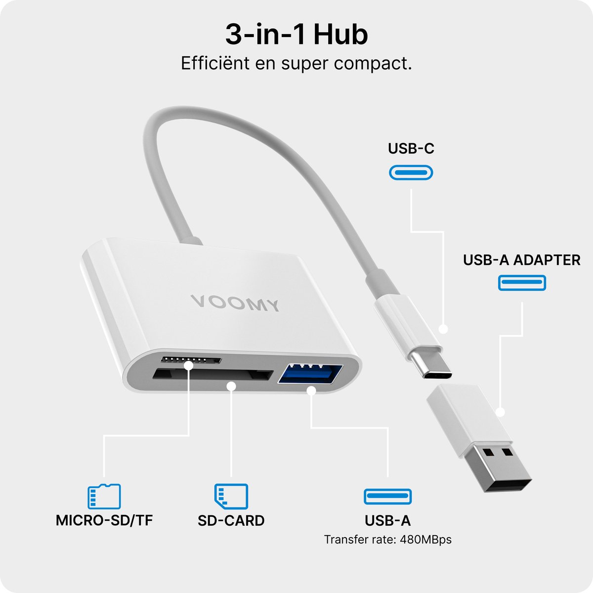Voomy SD Kaart Lezer - 3 in 1 - SD / Micro SD / TF Card Reader - USB C & USB A - Kaartlezer Wit - Geschikt voor Laptop / Smartphone / Tablet / Universeel — afbeelding 2