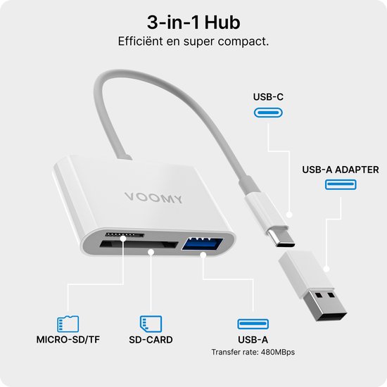 Voomy SD Kaartlezer - 3-in-1 - Micro SD - USB-C naar USB-A ... - Bol