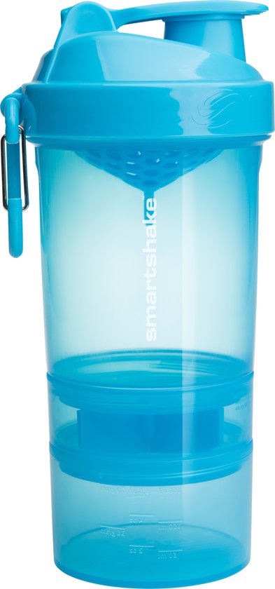 Transparante neonblauwe Smartshake beker met opbergcompartimenten en een ingebouwde mixer.