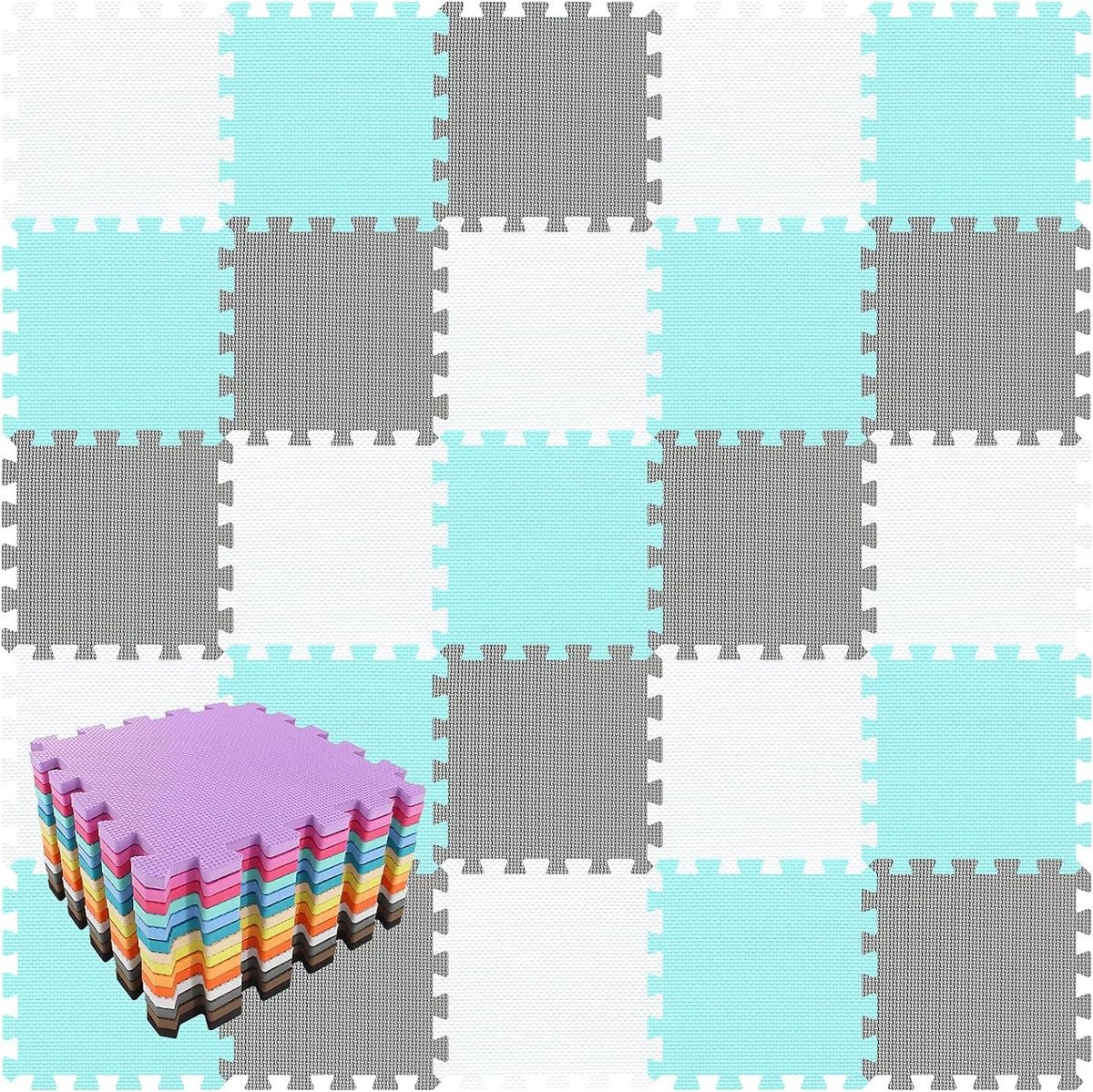 Grote EVA-puzzelvloermat van zacht schuim voor kinderen In elkaar grijpende speelmatten voor de tuin, set van gymmatten 60 x 60 cm Kindervloer Zachte speeltegels van EVA-schuim,White dark blue gray,4
