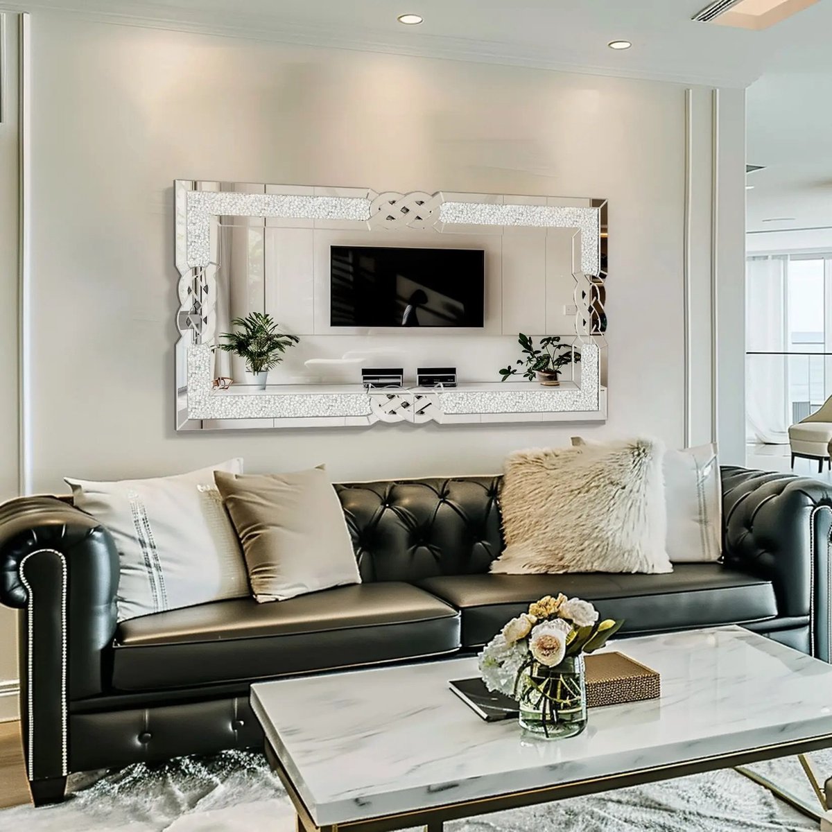 Eleganza Maison® Luxueuze Wandspiegel met Kristallen Diamanten - Rechthoekige Spiegel - 120 x 60 cm - Wanddecoratie - Luxe Glanzend Zilver - Muurdecoratie voor Woonkamer, Slaapkamer, Hal