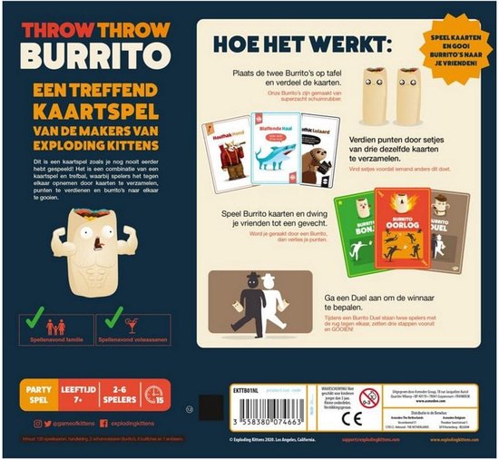 Uitleg van het spel Throw Throw Burrito, met kaarten en burrito's.