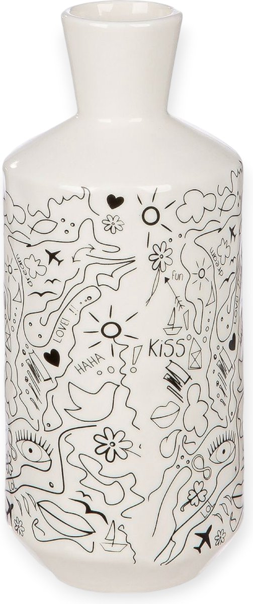 Gilde handwerk Vaas - Keramiek - Single Line Design - 9x20cm - Wit - Zwart