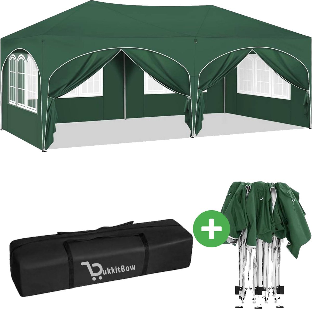 BukkitBow - Dubbele Partytent met Zijwanden – Opvouwbare Tent – Waterdicht en Weersbestendig – Tuinpaviljoen Dubbel uitgevoerd - 600 x 300 cm – Groen-