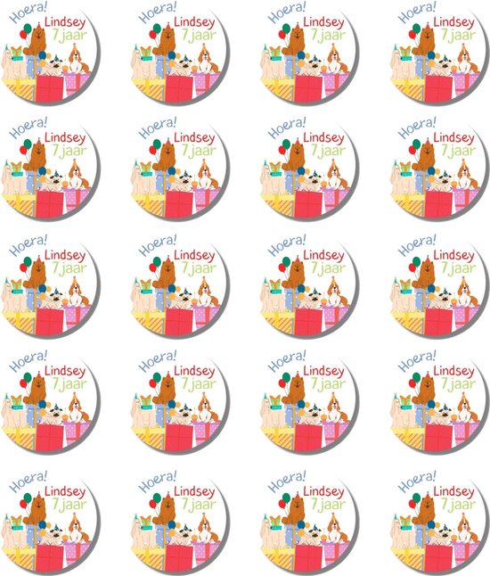 Een vel met 20 ronde verjaardagsstickers met de tekst 'Hoera! Lindsey 7 jaar' en vrolijke honden.