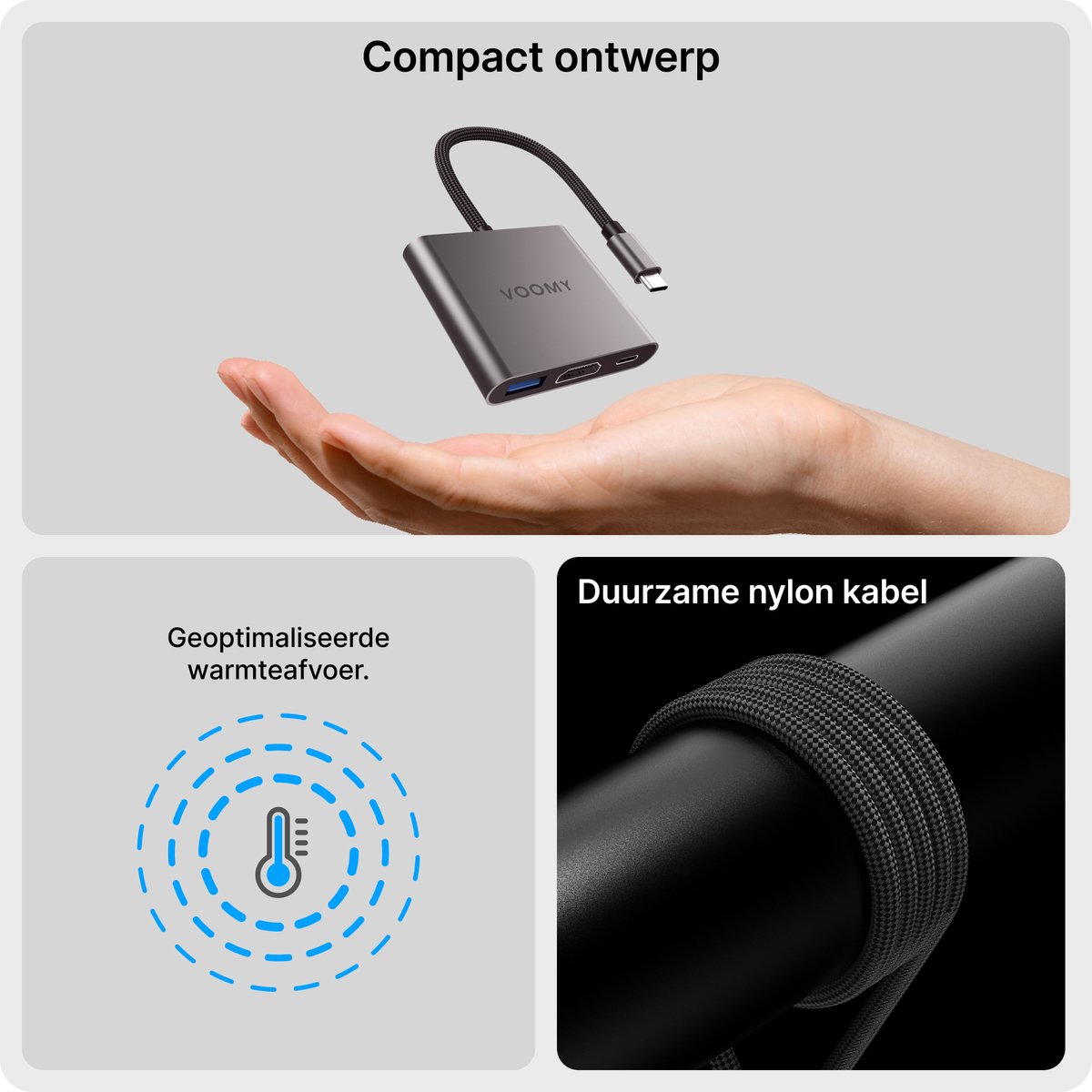 Voomy 3-in-1 USB-C Hub met HDMI 4K, USB 3.0 en USB-C PD 100W opladen - voor MacBook, Windows, tablet - Afbeelding 5
