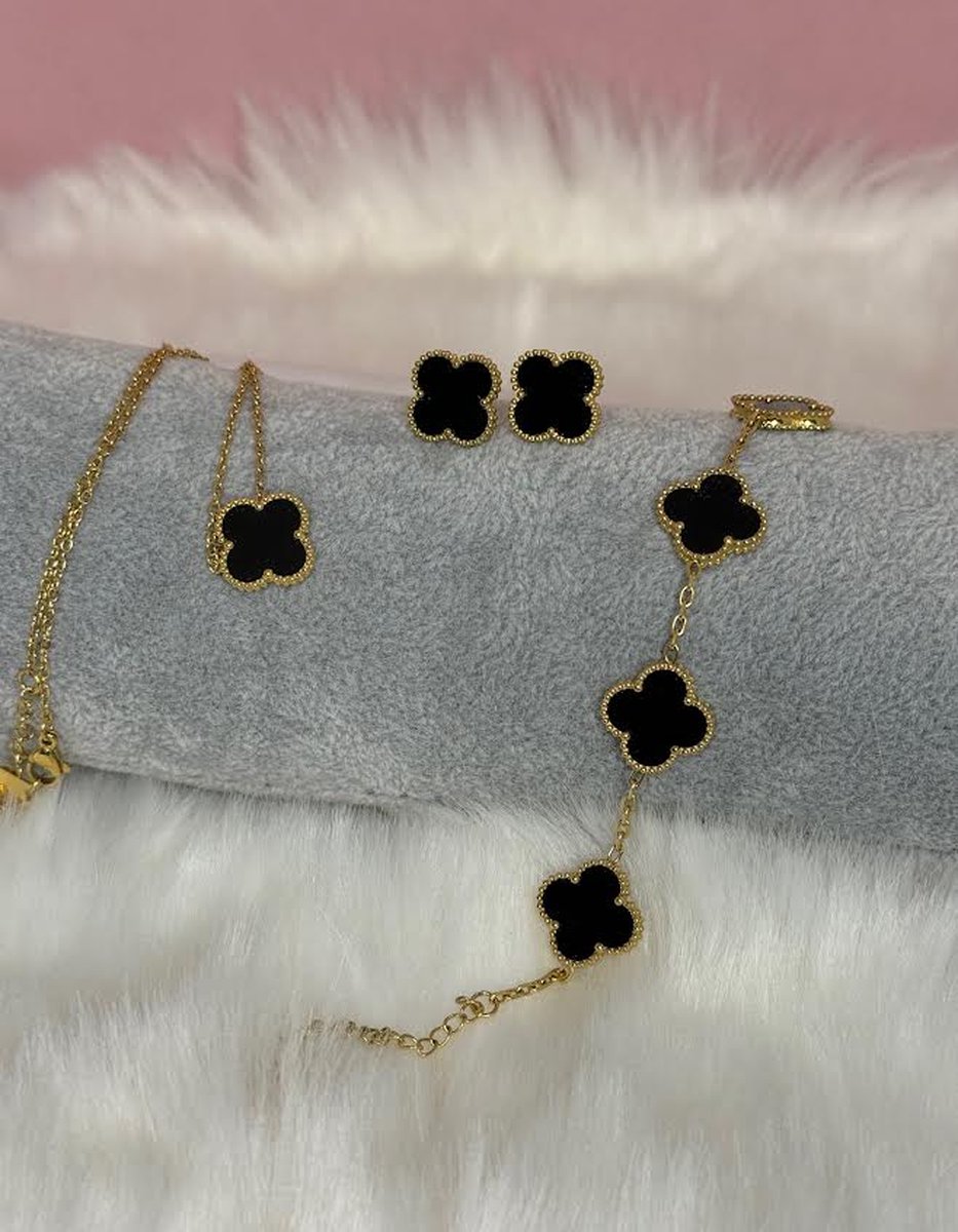 EHH BEAUTY -Luxe Sieraden set - Klaverketting - Klaverarmband-Oorbellen - Zwart- Fashion accessoires - Klaver 15 mm -Valentijns cadeau