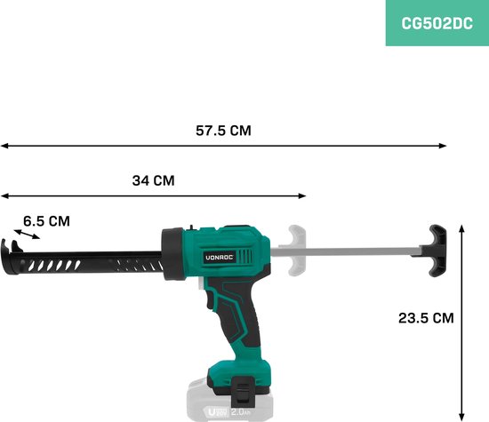 Turquoise en zwarte VONROC kitspuit CG502DC met afmetingen 57.5x23.5x6.5 cm, inclusief batterij.