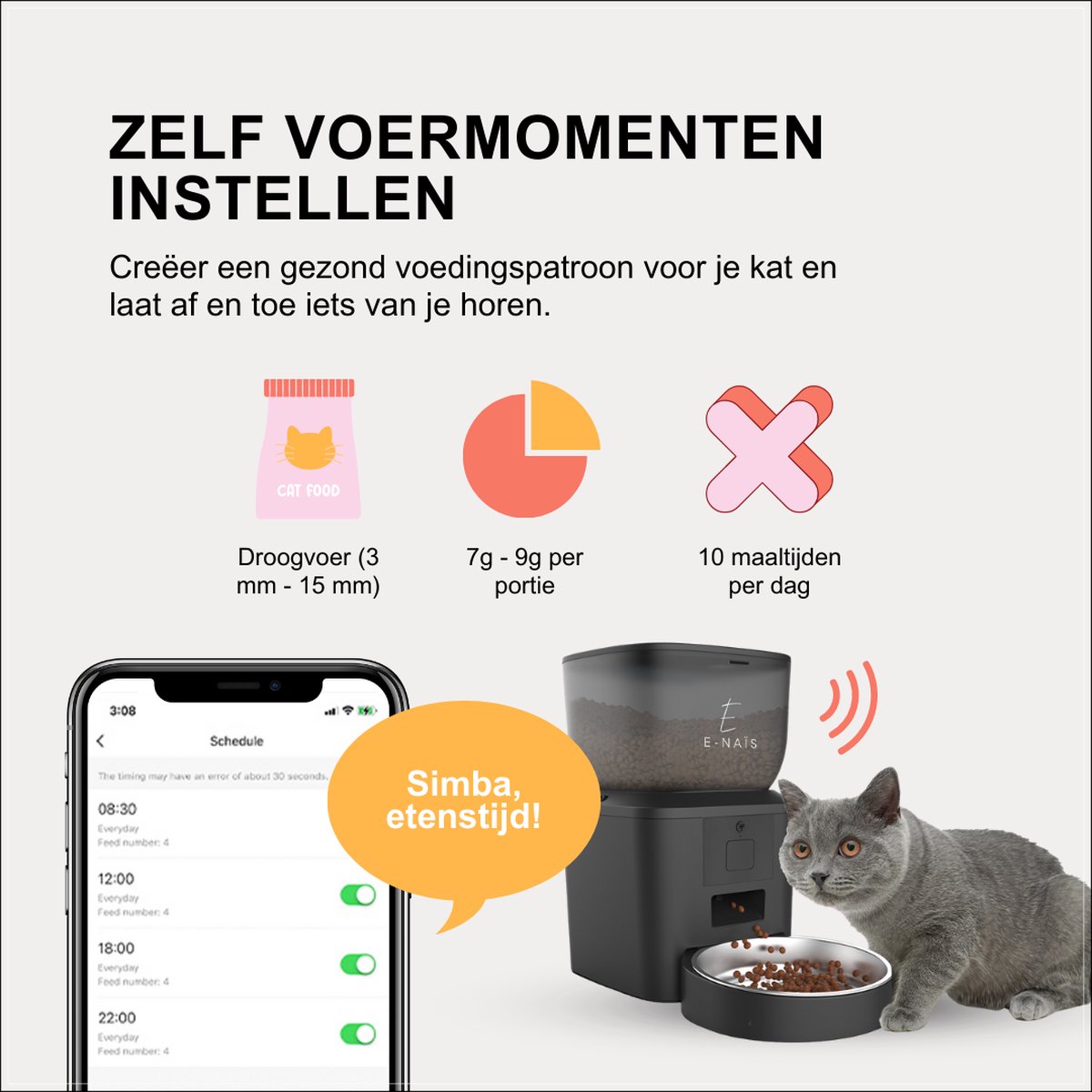 Afbeelding 2 van E-Naïs® Automatische voerbak - Automatische voerbak kat - Gebruiksvriendelijk/ Voerautomaat kat – Voedingsschema/Besturing via app – Voederautomaat - WiFi 2.4ghz - 4 Liter – Voerdispenser - Spraakopname - Kat en Hond