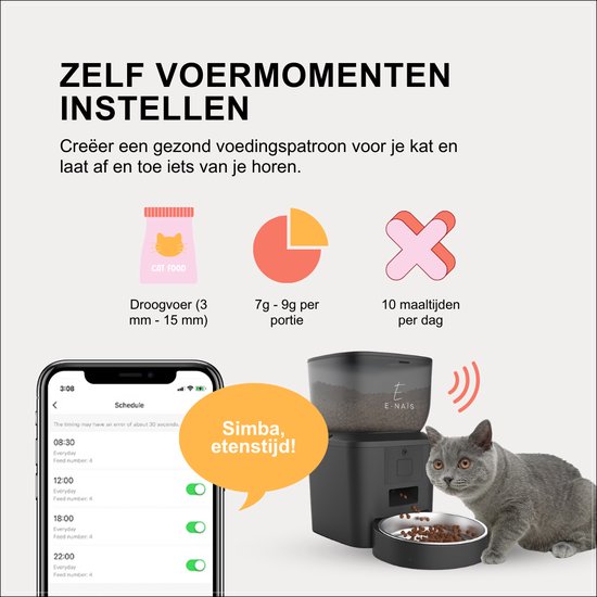 E-Naïs® Automatische voerbak - Automatische voerbak kat - Gebruiksvriendelijk/ Voerautomaat kat – Voedingsschema/Besturing via app – Voederautomaat - WiFi 2.4ghz - 4 Liter – Voerdispenser - Spraakopname - Kat en Hond