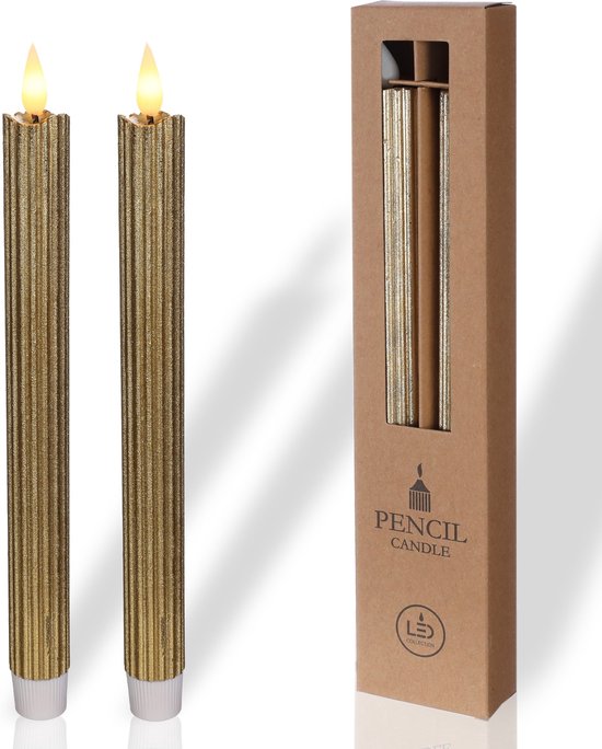 Comforder 2 LED kaarsen met Flikkerende Vlam - Lange Elektrische Dinerkaarsen op Batterijen met Timer - 25cm Goud