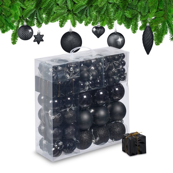 Set de 110 boules de Noël noires dans un emballage transparent avec décorations.