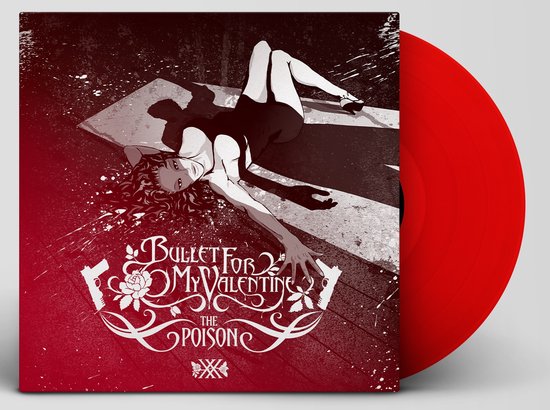 Disque vinyle rouge avec la pochette d'album 'Bullet For My Valentine The Poison'.
