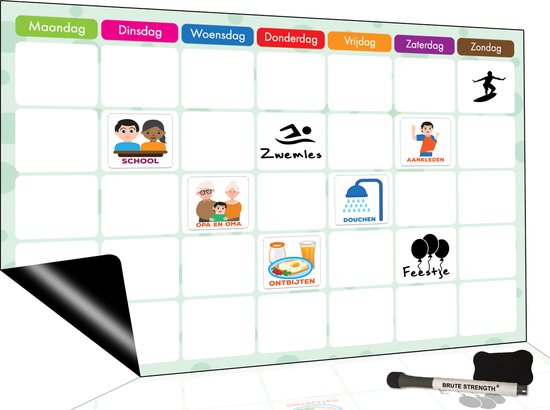 Brute Strength - Magnetisch Weekplanner whiteboard (8) - A4+ (33 x 21 cm) - Planbord - Familieplanner - Gezinsplanner - To Do Planner - Weekplanner kind