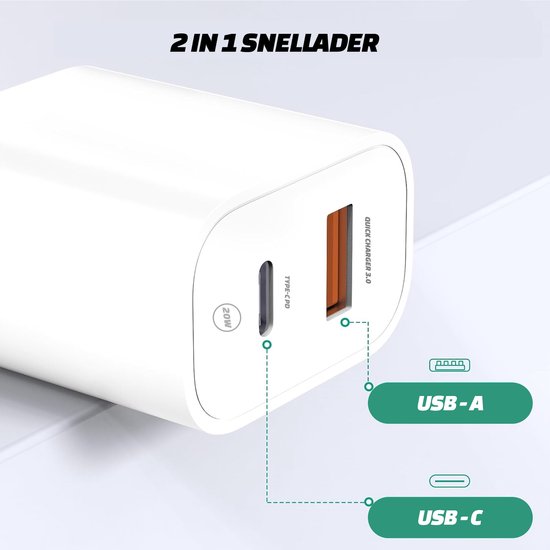 Close-up van een witte "2 IN 1 SNELLADER" met één oranje USB-A poort en één witte USB-C poort. Gelabeld "USB-A" en "USB-C".