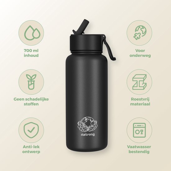 Bouteille isotherme Itstrong® avec paille - Gourde 700 ml - Gourde avec bouchon Extra - Bouteille isotherme - Acier inoxydable à double paroi - Anti-fuite - Zwart