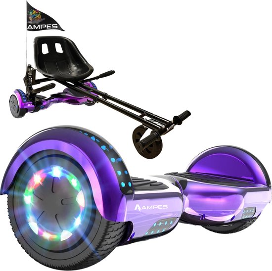 Ampes Hoverboard - Bluetooth Speaker - 24V 4.0 Ah Accu - Oxboard - 12 km/h - UL2272 Gecertificeerd - LED Verlichting - Anti lek banden - Belastbaar tot 120KG - 6.5 Inch - Inclusief Draagtas - 700W - Paars + Hoverkart met vering