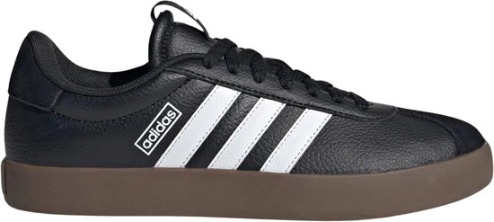 Baskets basses noires Adidas VL Court 3.0 pour femme avec rayures blanches et semelle marron.