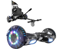 Ampes Hoverboard - Bluetooth Speaker - 24V 4.0 Ah Accu - Oxboard - 12 km/h - UL2272 Gecertificeerd - LED Verlichting - Anti lek banden - Belastbaar tot 120KG - 6.5 Inch - Inclusief Draagtas - 700W - Camouflage + Hoverkart carbon