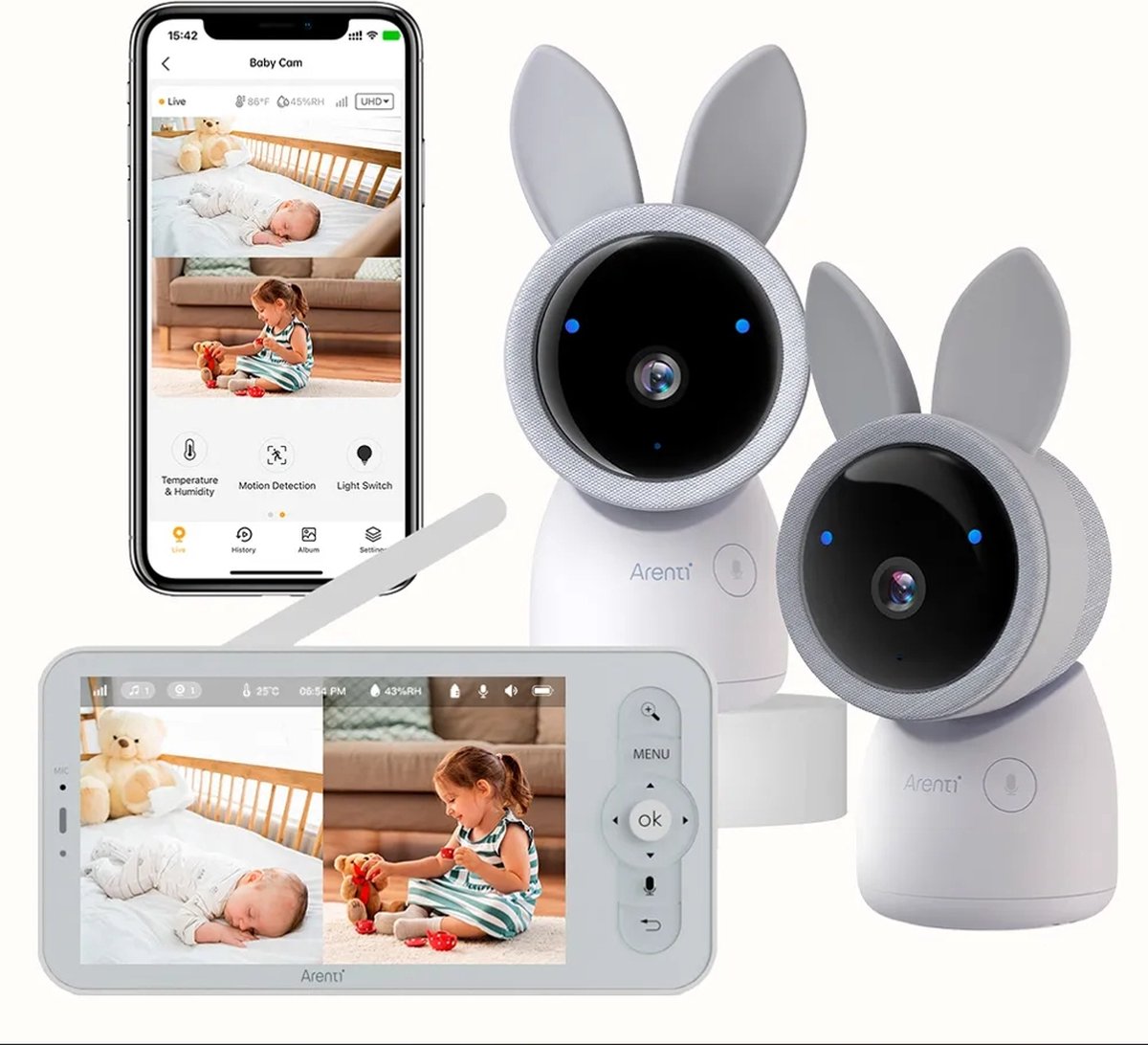 Afbeelding 2 van Arenti AINanny - Wifi Babyfoon Met 2 Camera's Duopack - Baby Monitor - Babyfoon met 5 inch scherm - Ultra HD 2K Resolutie - Slaapliedjes - Alexa & Google