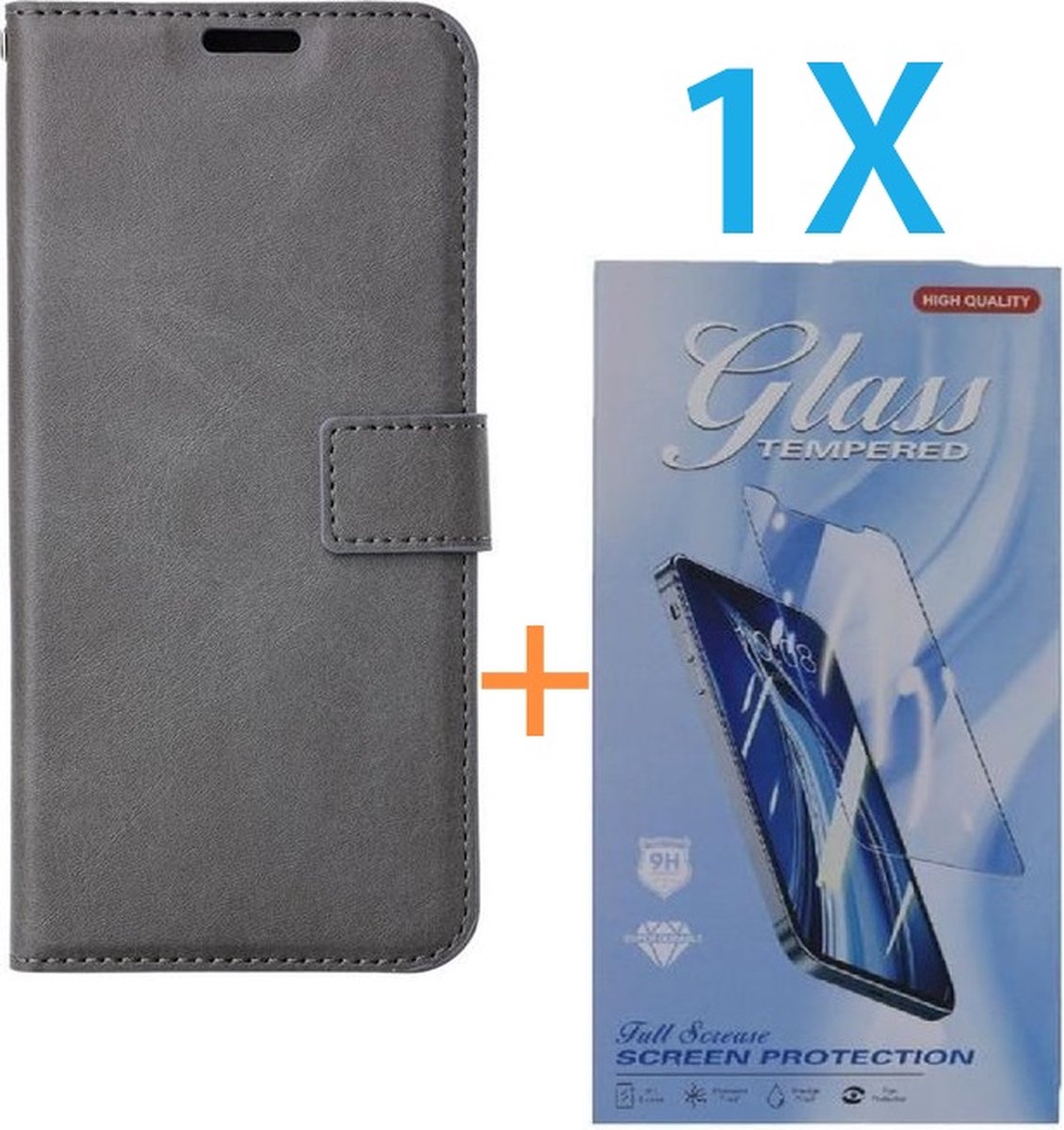 Bookcase Geschikt voor: Oppo A17 - Grijs- portemonnee hoesje - Book Cover + 1x Screenprotector