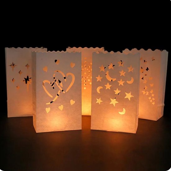 Candlebags, verlichte kaarsen zak, windlicht met hart of ster