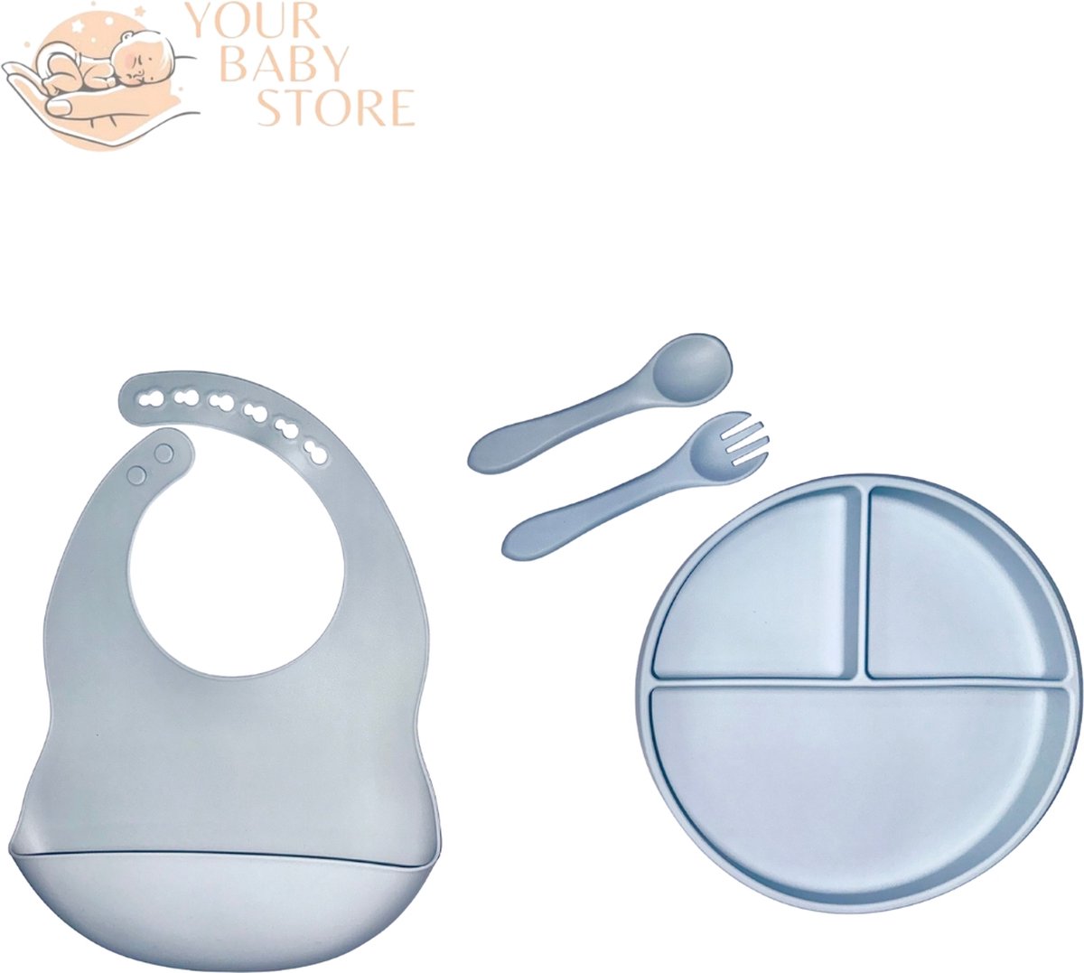 Goedkoopste Basic BabyHap set - 3 delig bord - bestek - slab met opvangbakje - Babyblauw - siliconen - YOURBABYSTORE