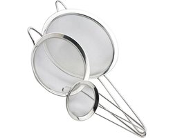 foto van Premium RVS Keukenzeef Set (3-Delig) - Fijne Draadzeven in 7cm, 12cm en 20cm met Lange Handgrepen en Platte Randen - Ideaal voor het Zeven van Bloem, Rijst, Pasta, Quinoa, Thee en Poedersuiker. Perfect voor Elke Keuken!