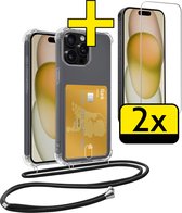Coque pour iPhone 15 Pro avec cordon et porte-cartes avec 2 films de protection d'écran en Siliconen – Coque pour iPhone 15 Pro avec porte-cartes – Transparent