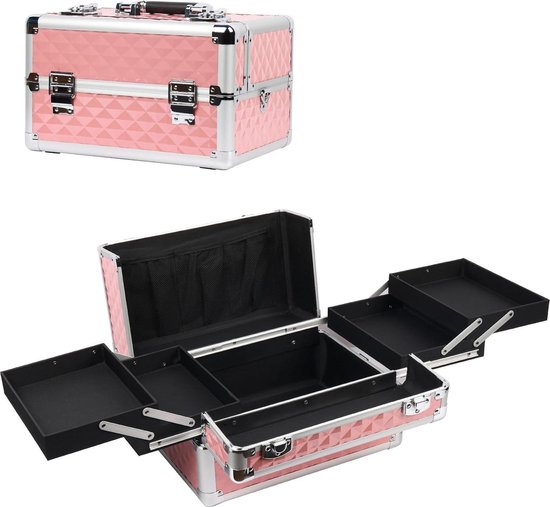 Make-uptas voor op reis met spiegel - 3 lagen make-uptas reismake-up tas organizer met schouderriem en verstelbare verdelers, PU-lederen make-uptas voor cosmetica, toiletten, millennial roze, roze, M