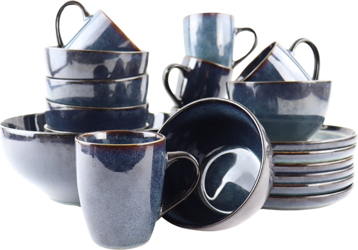 OTIX Serviesset - Bordenset - 6 Persoons - 19-delig - met Serveerschaal - Koffiekopjes - Soepkommen - Dinerborden - EBONY