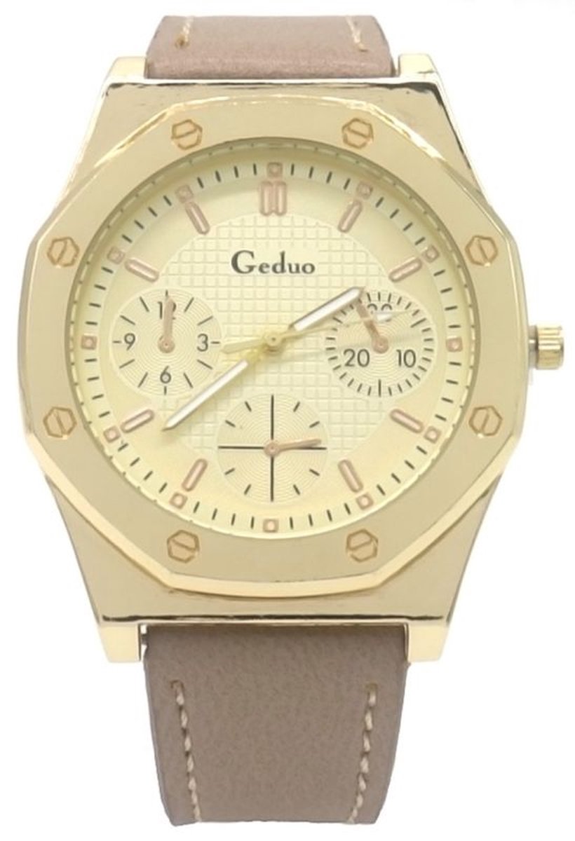 Horloge - accessoire - verstelbaar - gesp - goudkleurig - bruin - heren - polshorloge - hip - trendy - tijdloos - chique - feest - feestdagen - verjaardag - cadeau - geschenk - kunstleer