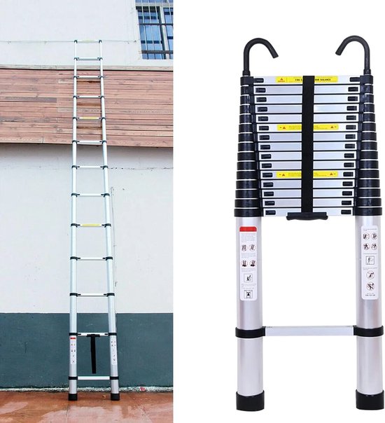 Uitschuifbare ladder - 6.2 m - Zware Telescopische Ladder - Met Haken - 14 treden - Multifunctioneel - Makkelijk op te bergen - Aluminium