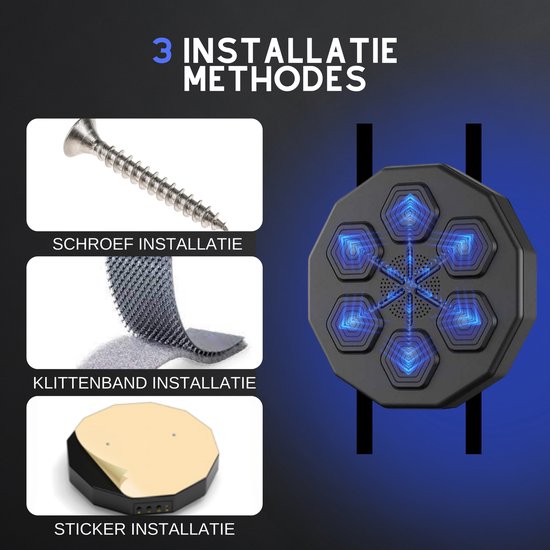 Illustratie toont drie installatiemethoden: schroef, klittenband en sticker, naast een zwart trainingsapparaat met hexagonaal design en blauwe lichten.