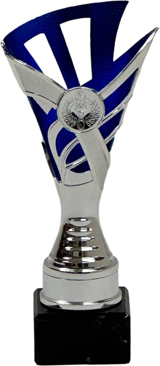 Luxe trofee/prijs beker - zilver/blauw - kunststof - 20.5 x 9 cm - sportprijs