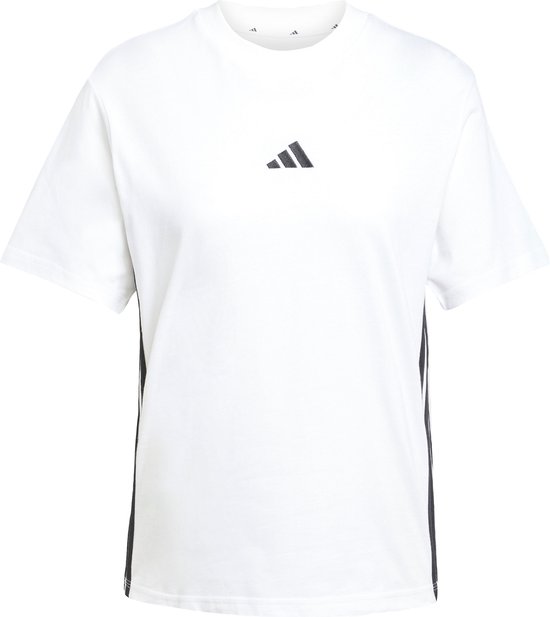 Dames wit T-shirt van adidas met een zwart logo op de borst en zwarte strepen aan de zijkant.